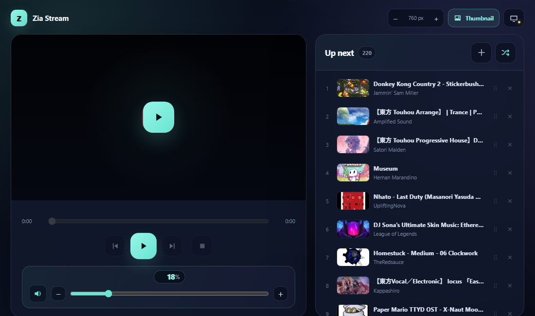 Zia Stream’s music controller and playlist